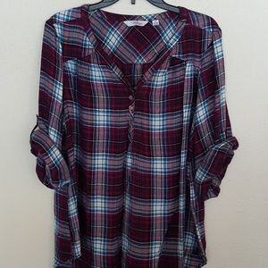 2x flannel henley blouse bright turquoise plaid